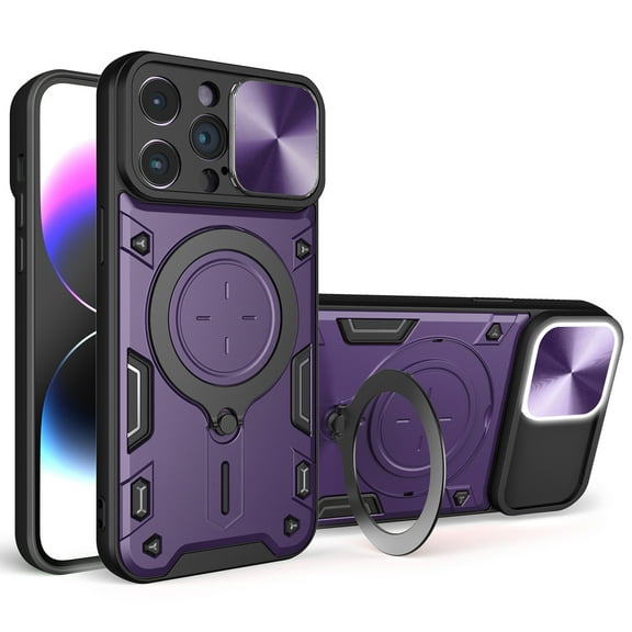 TECH CIRCLE Case For iPhone 15 Pro, Sliding Lens Protective Rugged Case with Rotating Stand Phone Ring Holder Lightweight Sturdy Shockproof Cover for Apple iPhone 15 Pro 6.1" 2023,Purple