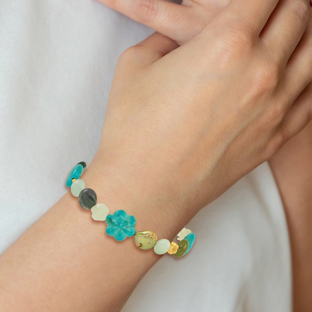Diamond2Deal 925 Sterling Silver Gold-plated Amazonite/Jasper/Jade/Recon Magnesite Bracelet for Women 1in ext.40"