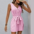 thumbnail image 4 of Mqqzkk Women's V Neck Jumpsuits Shorts Front Tie Belted Button Up Romper Sleeveless Short Jumpsuit Outfit 2025 Beach Vacation Clothes Pink M, 4 of 6
