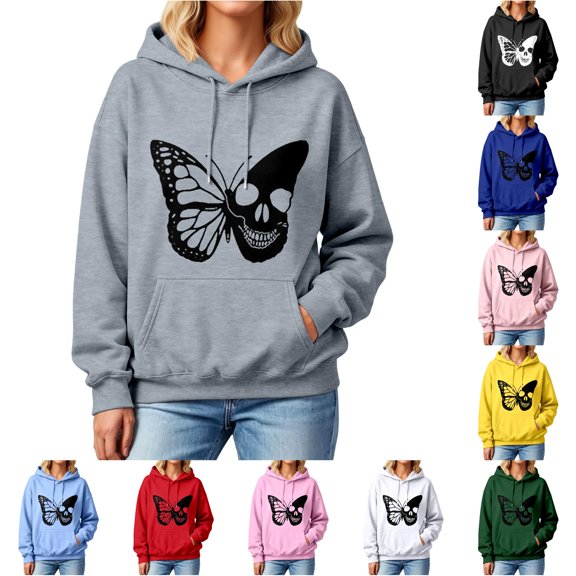 Jane Wardrobe Skull Butterfly Graphic Hoodie Women's Drawstring Pocket Oversized Long Sleeve Street Layering Sweatshirt 1PC S-XXXL Plus Size Friendly