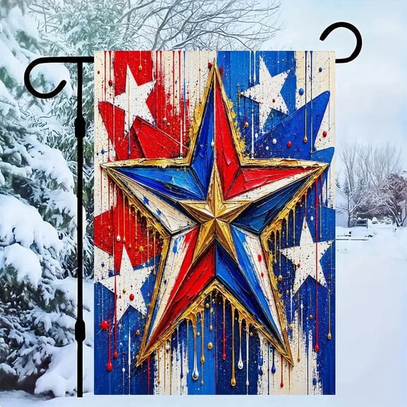 RKSupls Patriotic Linen Double Sided Garden Flag, Independence Day Themed Yard Decor, Gold Star Drip Paint Patriotic Outdoor Banner for Holiday Lawn