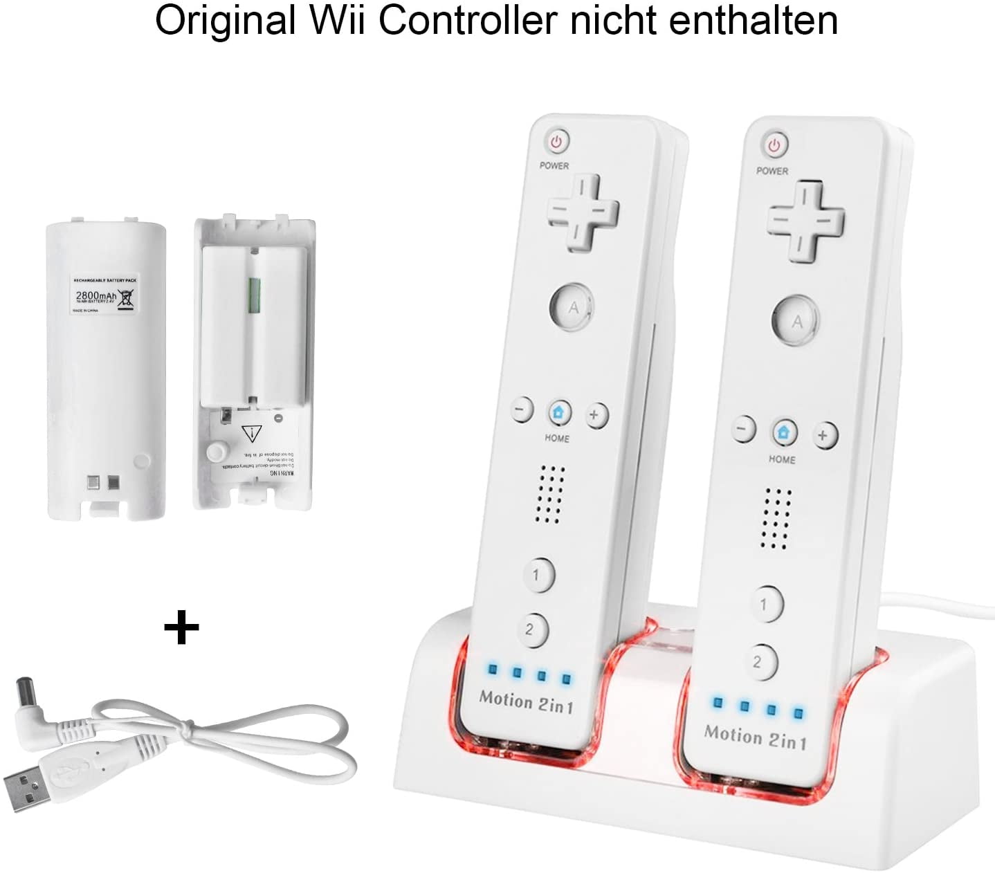 TechKen Wii Remote Battery Charger Station, Dual LED Lighting Charger Dock with 2 Rechargeable