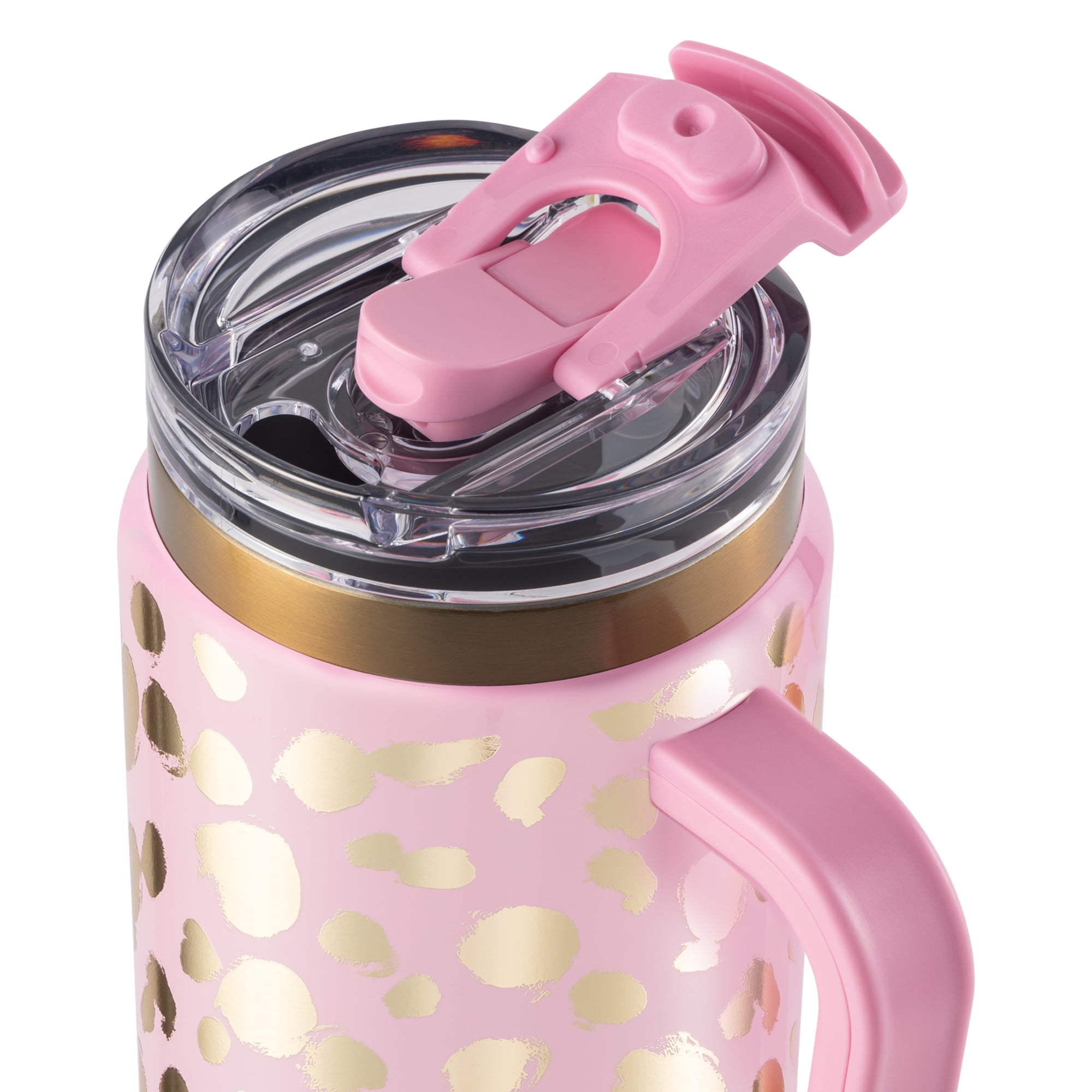 Thyme & Table 32oz Tumbler with Handle, Dual Straw Lid, Stainless Steel Double Wall Insulated, Pink & Gold Dot