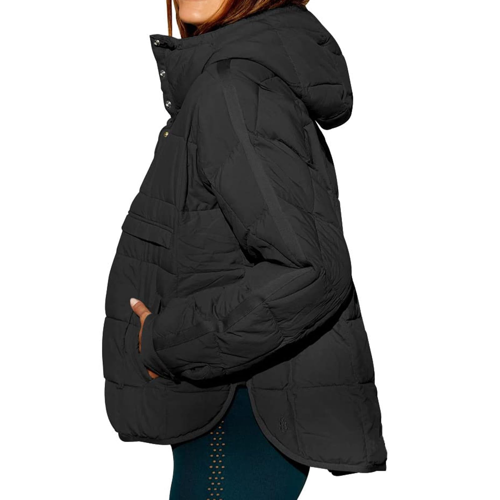 Rigardu Hoodies for Women Pullover Women's Quilted Pullover Puffer Jacket Oversized Long Sleeve Hooded Coats Winter Warm Lightweight Outwear with Pocket Womens Hoodies Black L