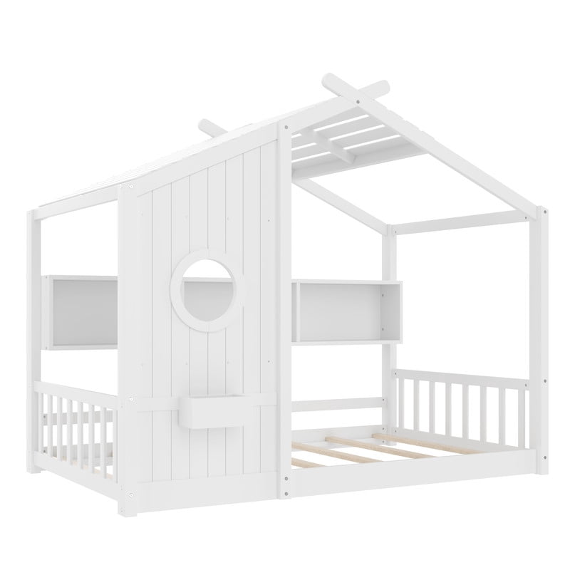 Bellemave Floor House Bed with Storage Shelf, Wood Twin Size Montessori Bed with Fence, Playhouse Beds Frame Can be Decorated, No Box Spring Needed（White)