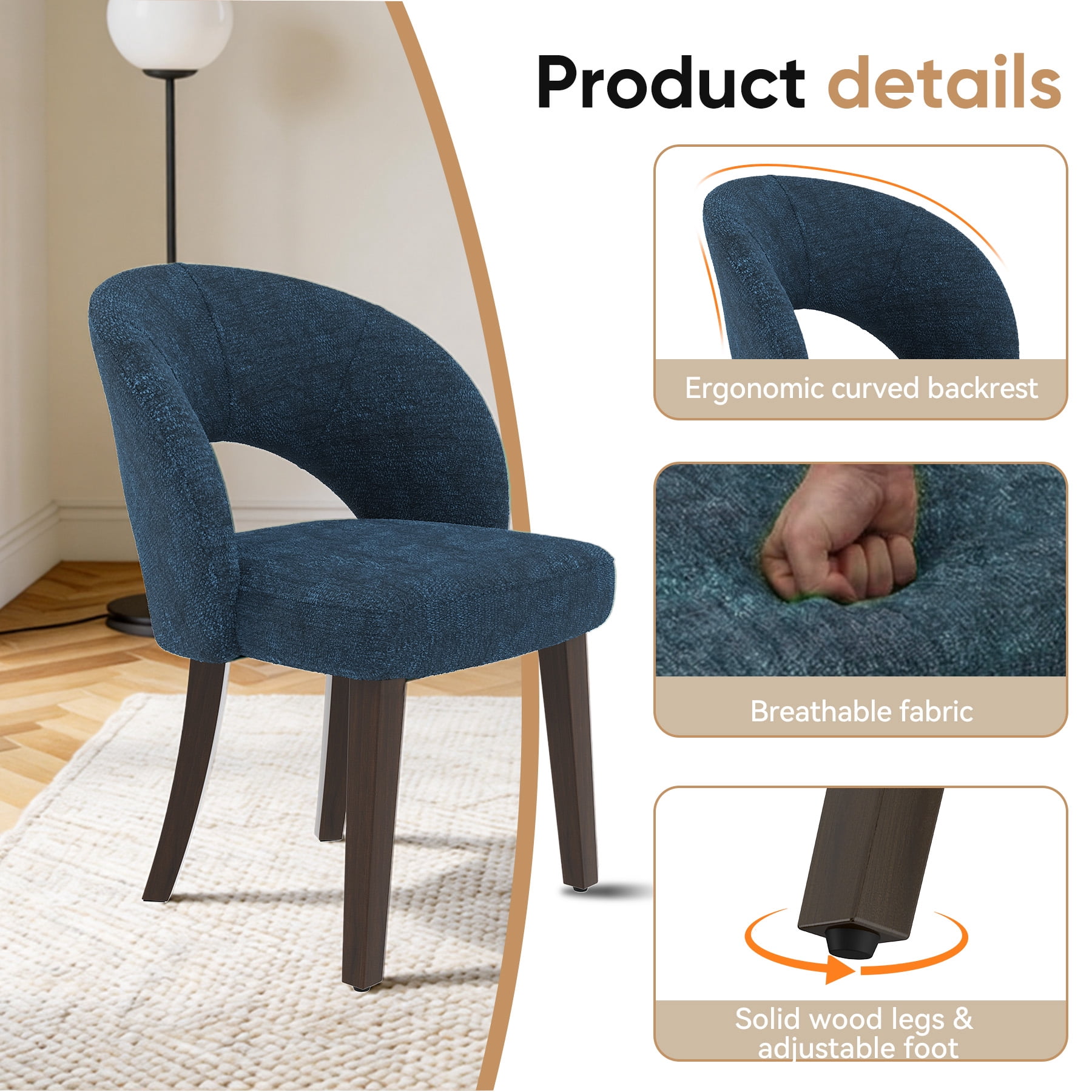 MOONNISS Upholstered Dining Chairs Set of 4, Mid Century Modern Dining Chairs with Solid Wood Legs, Curved Back Kitchen Chairs, Farmhouse Side Chairs for Dining Room,Blue