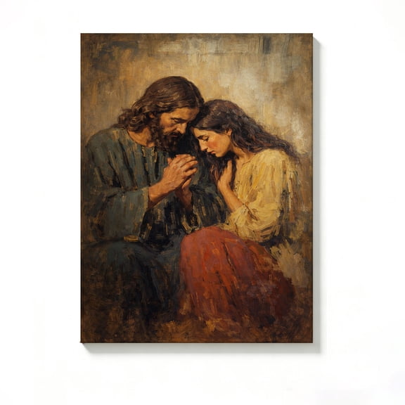 FLASHLUMI 8x12 Inch Vintage Jesus Praying with Woman Oil Painting Canvas Wall Art, Religious Christian Faith Home Decor for Living Room Bedroom, No Frame