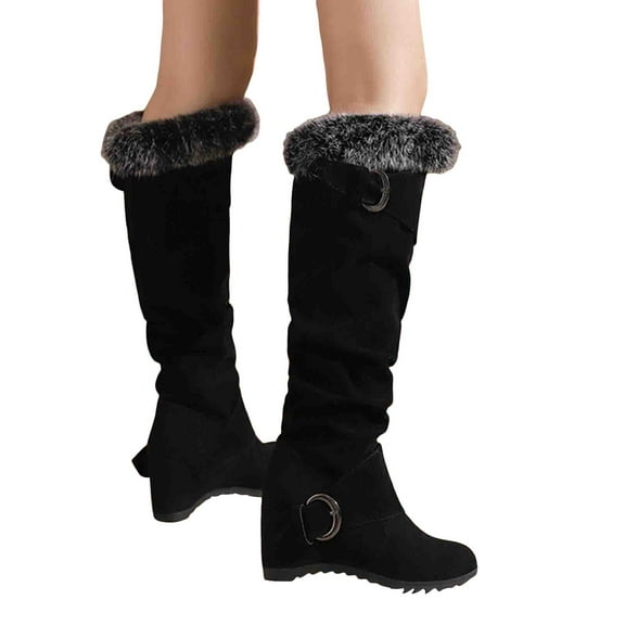 Women's Wedge Platform Fuzzy Suede Knee High Boots Comfortable Warm Pull On Slouchy Fall Booties with Arch Support Black Size 7