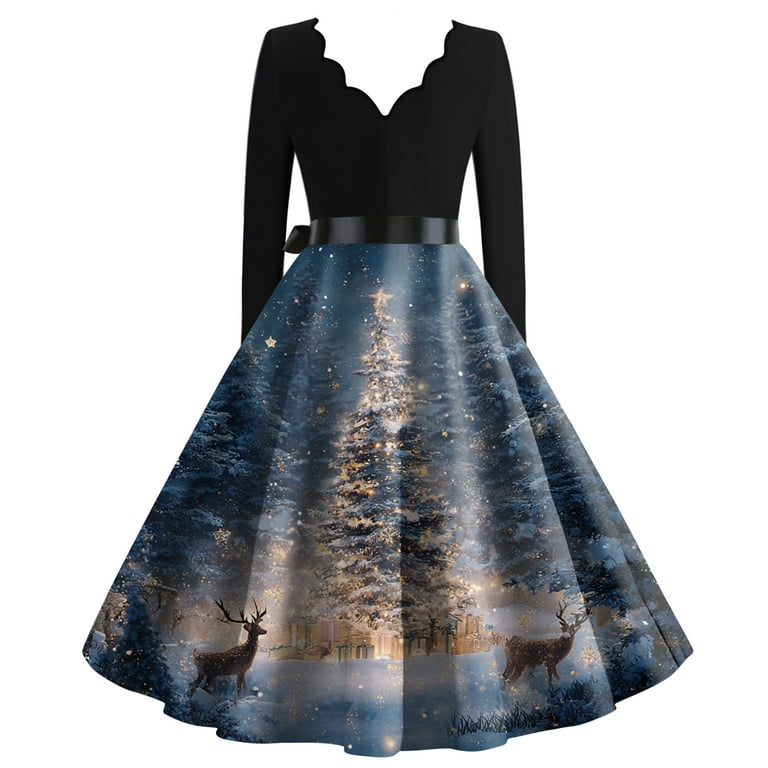 Women's Casual Fashion Christmas Holiday Print V-neck Vintage Dress for  Retro Style and Party Occasions, Comfortable Women's Long Sleeve Holiday ...