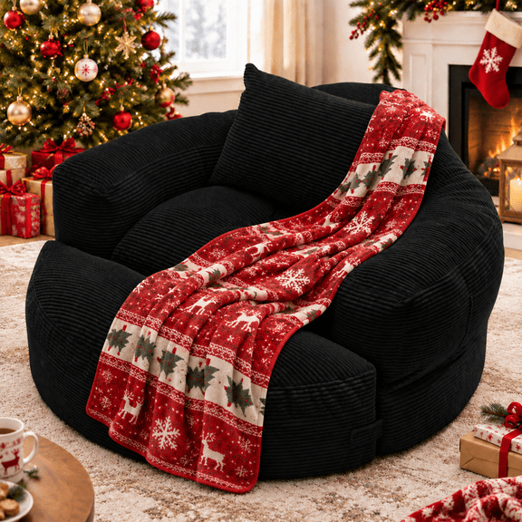 Delmango Round Chaise Lounge Chair with Ottoman, Corduroy Boneless Sofa for Living Room & Bedroom Black