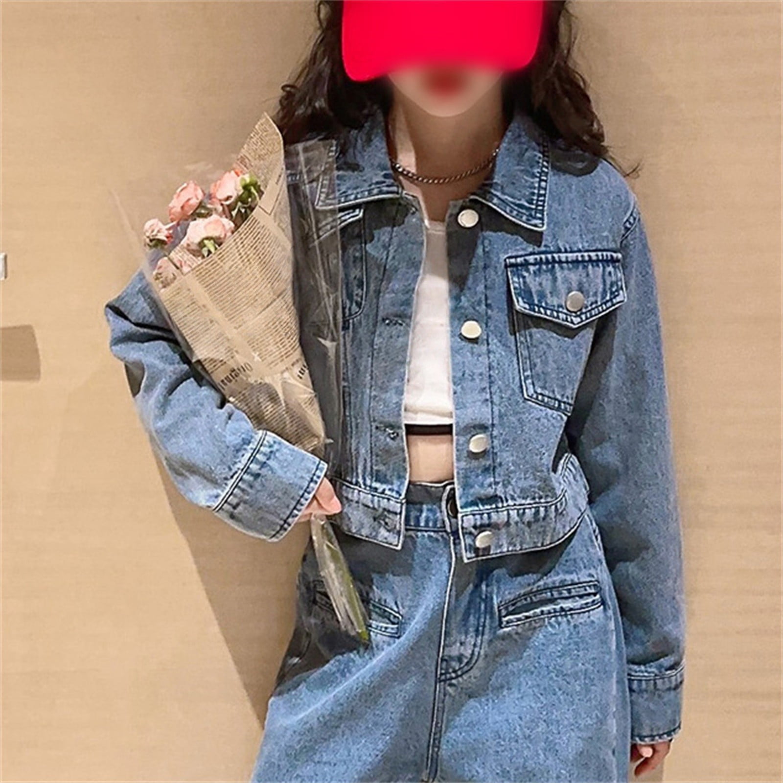 EnJoCho Teen Girls Crop Denim Jacket Solid Lapel Button Down Long Sleeve Windproof Casual Coat Pockets Outerwear Jean Jacket