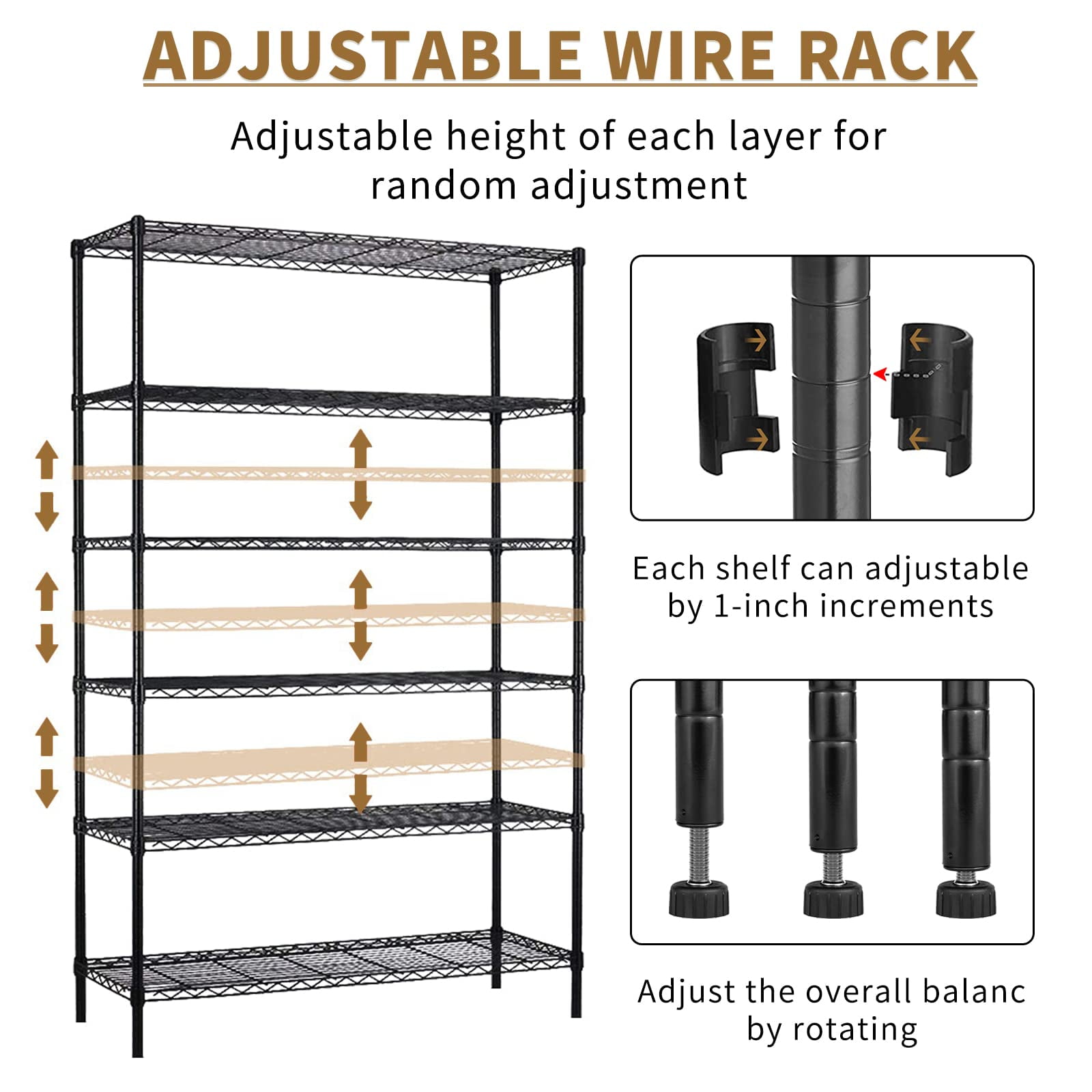 NiamVelo Black Adjustable 6-Tier Wire Shelving Unit