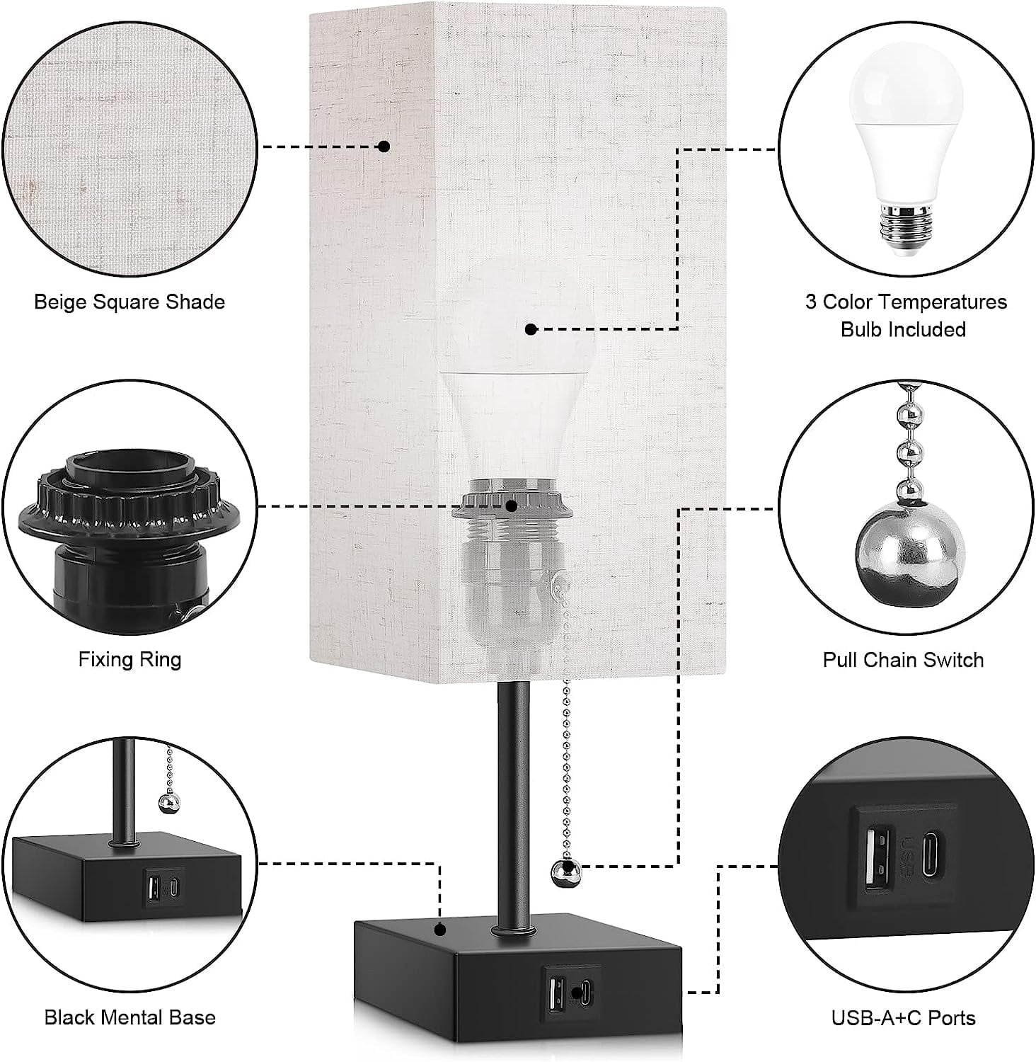 Bedside Table Lamp,Pull Chain Table Lamp with 2 USB Charging Ports, 2700K LED Bulb with Fabric Lampshade, Nightstand Lamps for Bedroom Living Room Study Dorm Home Office (LED Bulb Included),Gray