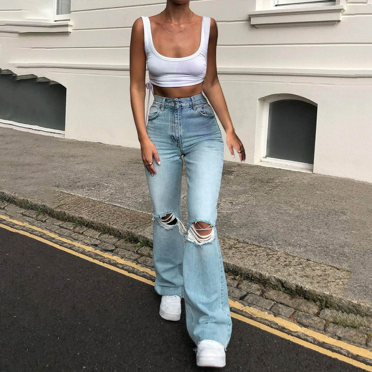Women's Skinny Ripped Bell Bottom Jeans High Waisted Flare Jeans Note  Please Buy One Or Two Sizes Larger 