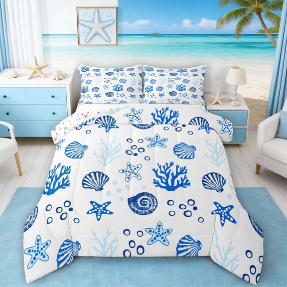 Manfei Coral Starfish Seashell Queen Comforter Set for Kids Boys and Girls, Simple Blue White Bedding Comforter Set, Stars Reversible 3 Pieces, 1 Comforter and 2 Pillowcases