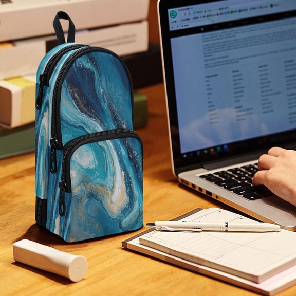 Backpack Pencil Case, 3 Compartment Large Capacity Oxford Fabric Pencil Pouch / Aqua Gilded Waves