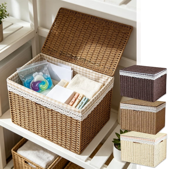 AYktou Wicker Storage Basket with Lid, Stackable Hand Woven Basket for Storage, Removable Fabric Liner Decorative Organizer Bin Storage Box for Wardrobe Closet & Shelf, Home Organizer Gift Baskets
