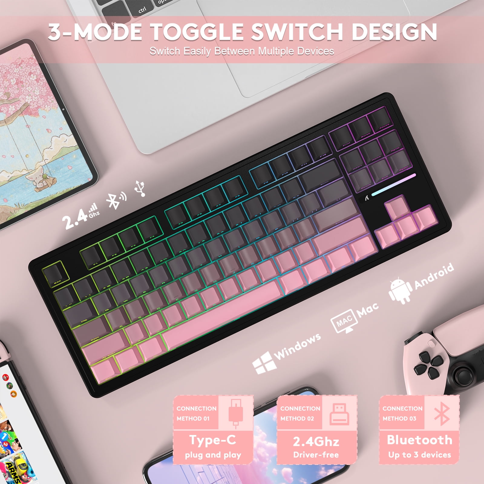 ATTACK SHARK M87PRO TKL Wireless Mechanical Gaming Keyboard, BT5.0/2.4G/USB-C Wired Hot Swap RGB Keyboard 80% US Layout, Linear White Switches Gradient Side Print PBT Keycap for PC Mac
