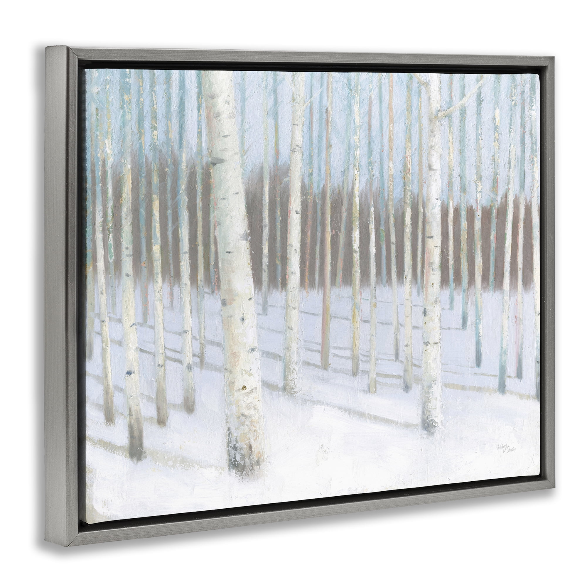 Stupell Industries Winter Birch Forest Landscape & Nature Painting Gray Floater Framed Canvas Art Print Wall Art, 21 x 17