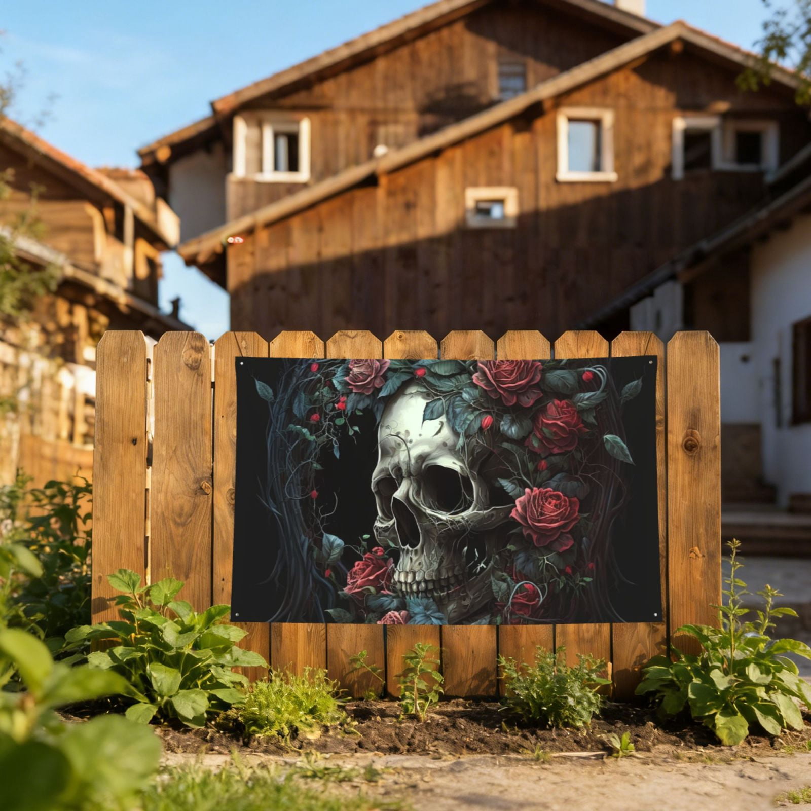 Skull Red Roses Cool Four Hole Decorated Banner Flag for Garden Yard Home Decoration Indoor Outdoor 4x6 Ft
