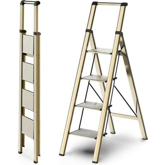 4 Step Ladder, Ladders for Home, Anti-Slip Pedals, Aluminum Step Stool Foldable, Lightweight to Move, Ease of Storage, Reach 9ft for Closet Kitchen Library, Hold 300lbs - Gold