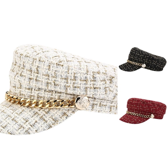XIAOCHA Womens Chain‑Decorated Newsboy Cap Breathable Daily Beret Cap,White