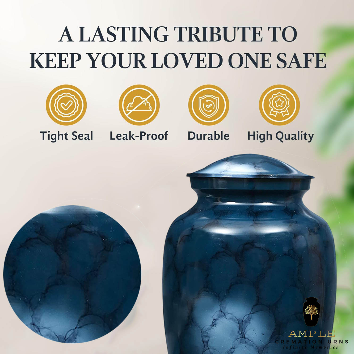 Blue Marble Finish Cremation Urn for Human Ashes – Adult Size Memorial Funeral Urn with Secure Lid