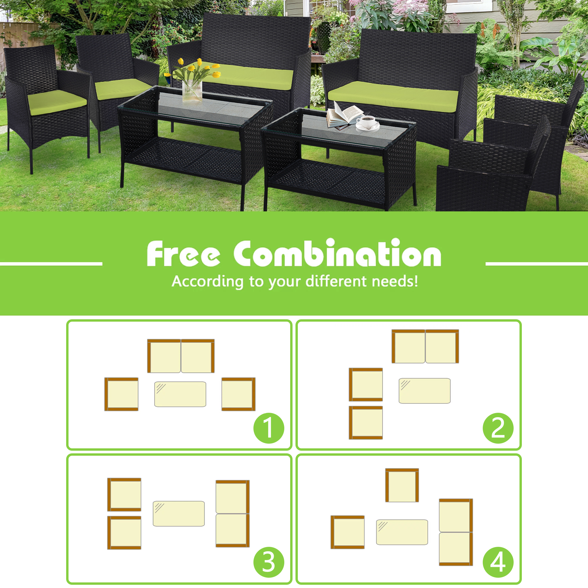 8-Piece Patio Outdoor Rattan Chair, Bistro Table Conversation Set with Soft Cushion & Glass Table, Patio Rattan Conversation Furniture Set, Leisure Furniture Set for Garden Backyard Balcony, T204 - image 5 of 9