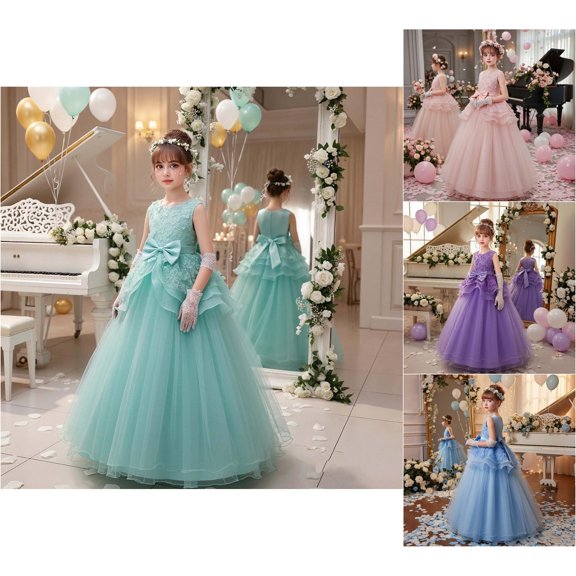 Trendfront Girls Dress Crew Neck Sleeveless Floral Bowknot Long Formal Princess Gown Birthday Party Evening Gown 5-16 Years