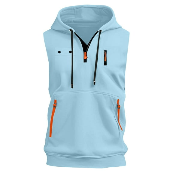 Evdexr Men's Sleeveless Workout Hoodie Zip Up Drawstring Solid Sweatshirt Hooded Lightweight Summer Tanks Big and Tall Cut Off Casual T Shirts with Pocket Light Blue XL