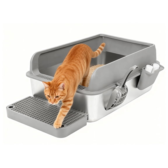 Stainless Steel Cat Litter Box Set, High Sided Litter Box Set with Scoop and Case, Lid, Paw Pads, 2 Rolls of 30 Pcs Litter Bags
