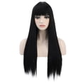 thumbnail image 4 of RightOn 28" Black Wigs Straight Long Hair Wigs with Bangs Women Fashion Heat Resistant Synthetic Natural Looking Wig for Cosplay Party or Daily Use, 4 of 7