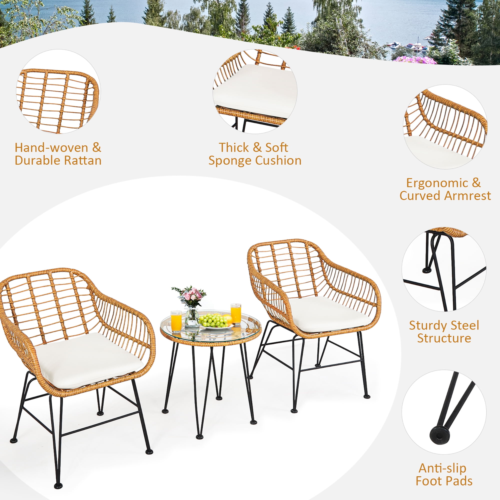 Costway 3PCS Patio Rattan Bistro Furniture Set Cushioned Chair Table White