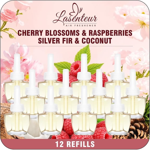 Plug In Air Freshener Refills, Cherry Blossom, Raspberry, Silver Fir, Coconut Scent Combination For Home, 12 Count Plug-In Fragrance Refill, Compatible with Air Wick & Glade, Not Include Glade Plus