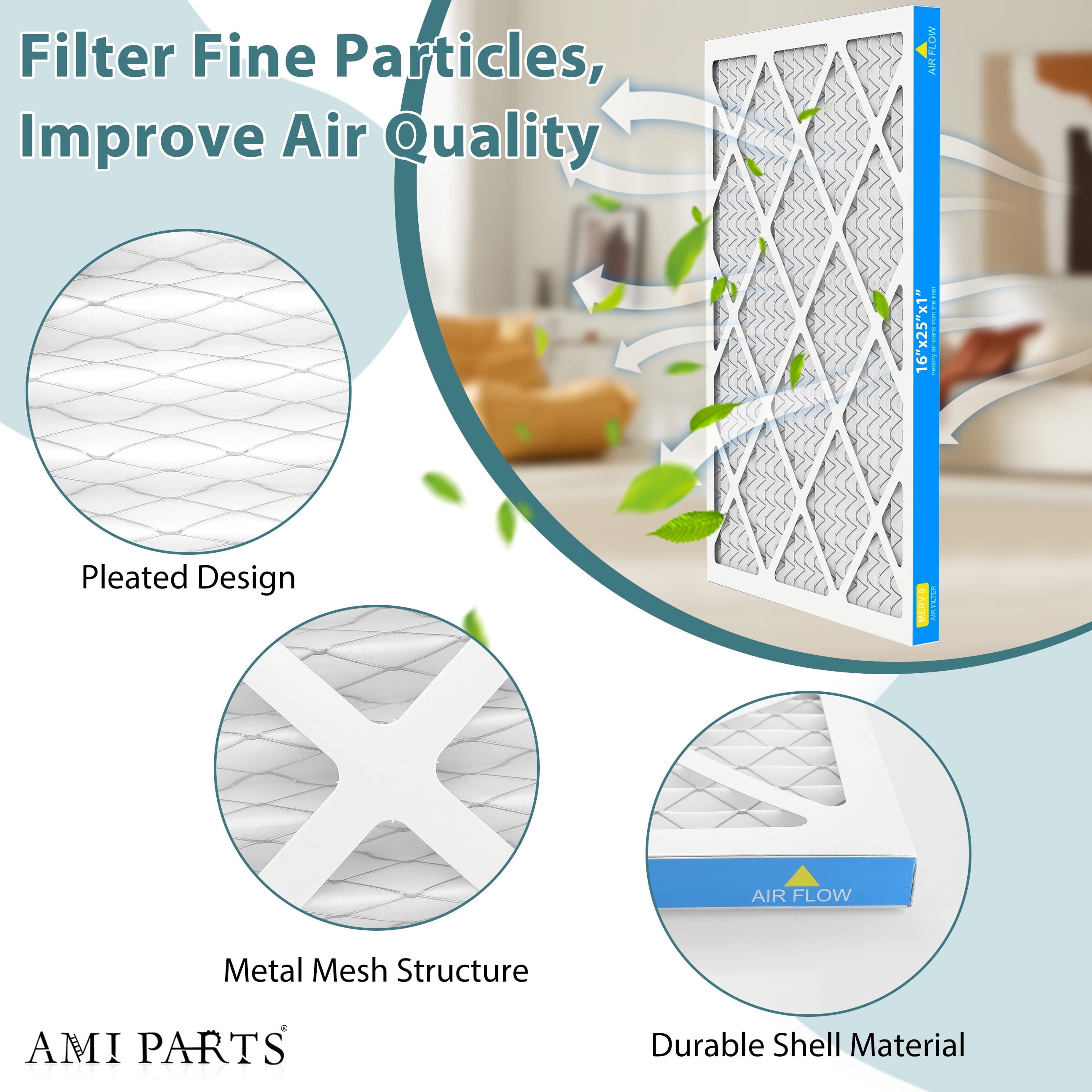 AMI PARTS 16x25x1 MERV 8 - 4 Count - High Efficiency Pleated HVAC, Furnace and Air Conditioner Filters