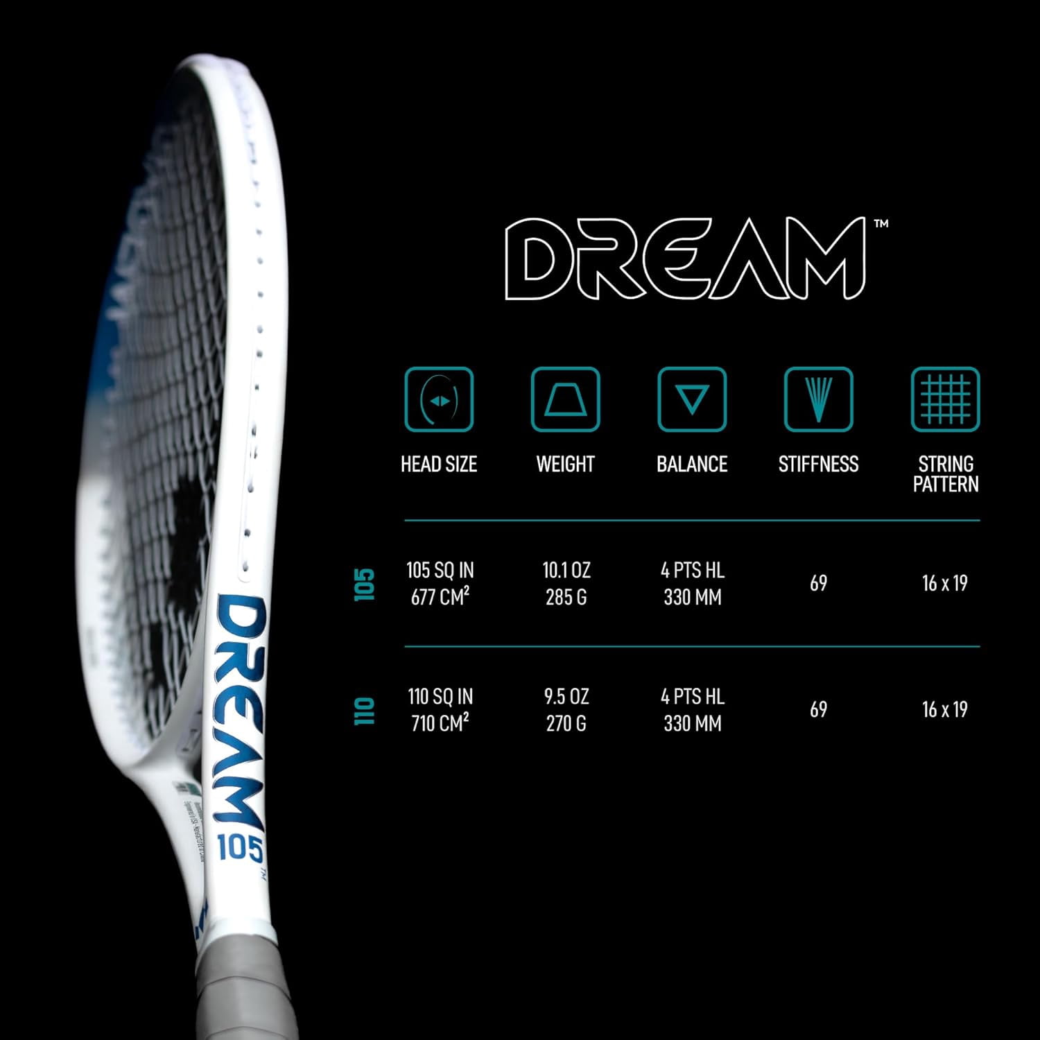 Diadem Dream Performance Tennis Racket - Advanced Shock Absorption, Oversized Head, Power, and Control, Lightweight, Ideal for All Levels (Dream 105, Grip Size: 4 1/8" (L1)) (Unstrung)