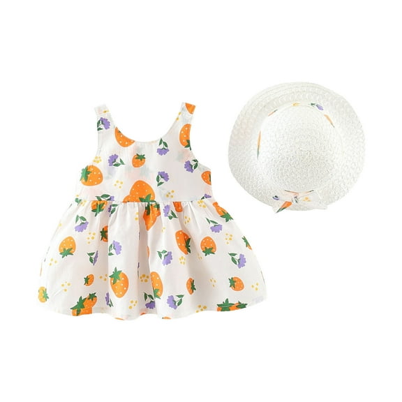 Zwiiyzr 2025 6M-3Y Infant Toddler Baby Girls Dress Trendy Cute Sleeveless Sweet Strawberry Print Ruffle Dress Hat Set Orange