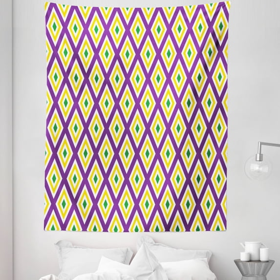 Mardi Gras Tapestry, Classical Diamond Line Rhombus Pattern in Traditional Carnival Colors, Fabric Wall Hanging Decor for Bedroom Living Room Dorm, 5 Sizes, Purple Yellow Green, by Ambesonne