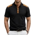 thumbnail image 2 of Corduroy Accent Polo Shirts for Men Stand Collar Short Sleeve Quarter Button Placket Casual Loose Fit Waffle Fabric Daily Wear Polo Shirts, #01 Black, S, 2 of 4