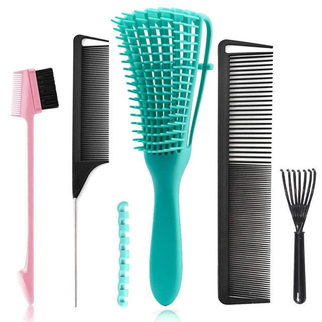 Juego de 5 cepillos para desenredar el cabello, cepillo desenredante Ez con cepillo de borde, peines de cola de rata para peinado y corte de cabello natural negro, cabello rizado/recto/húmedo/seco/lar