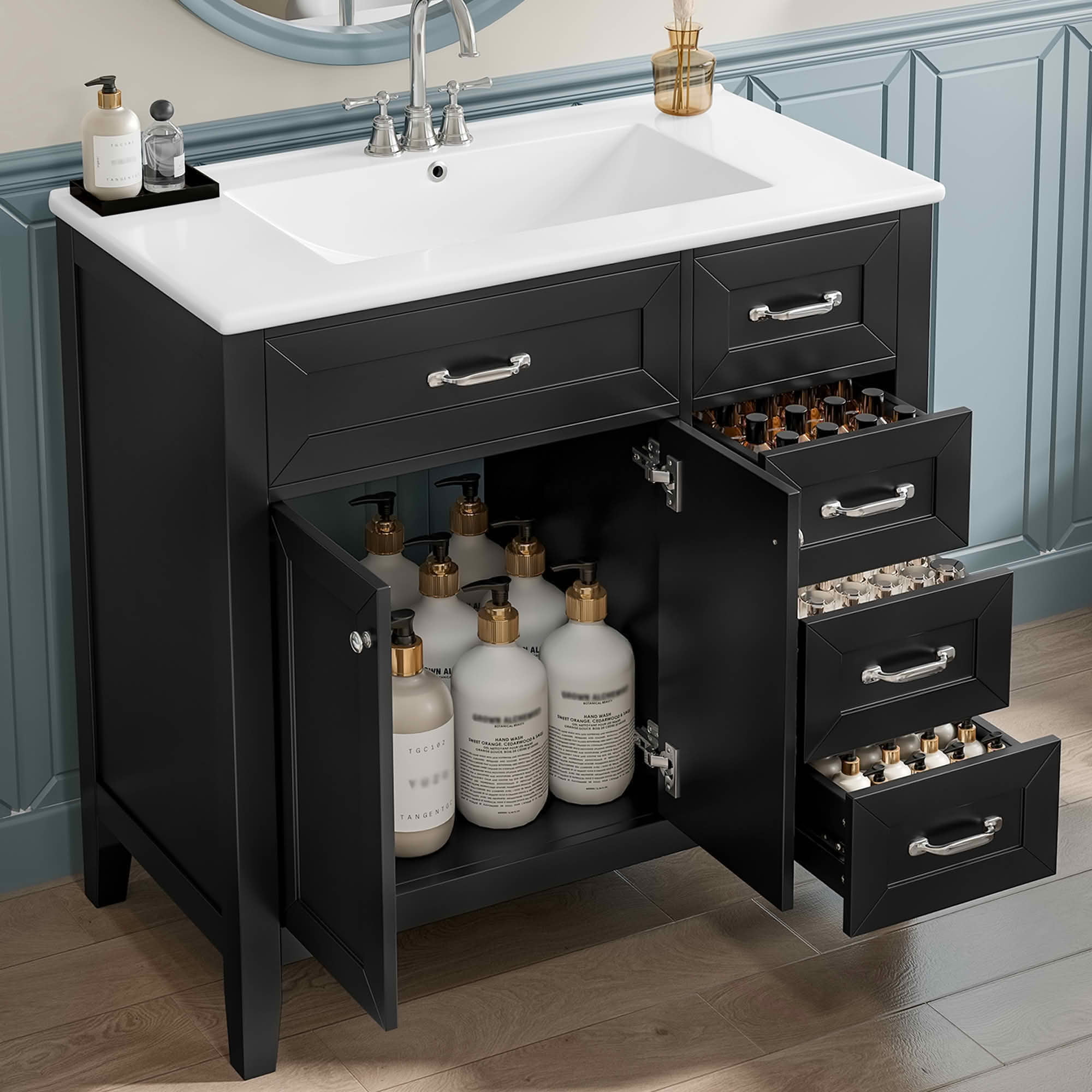 MAYEERTY 36" Bathroom Vanity with Sink Black Cabinet Drawers Solid Frame MDF