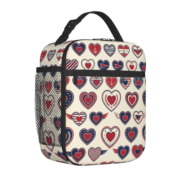 Love Heart Lunch Bag Insulated Reusable Cooler Tote Portable Meal Prep Bag Side Mesh Pocket Work Office Picnic