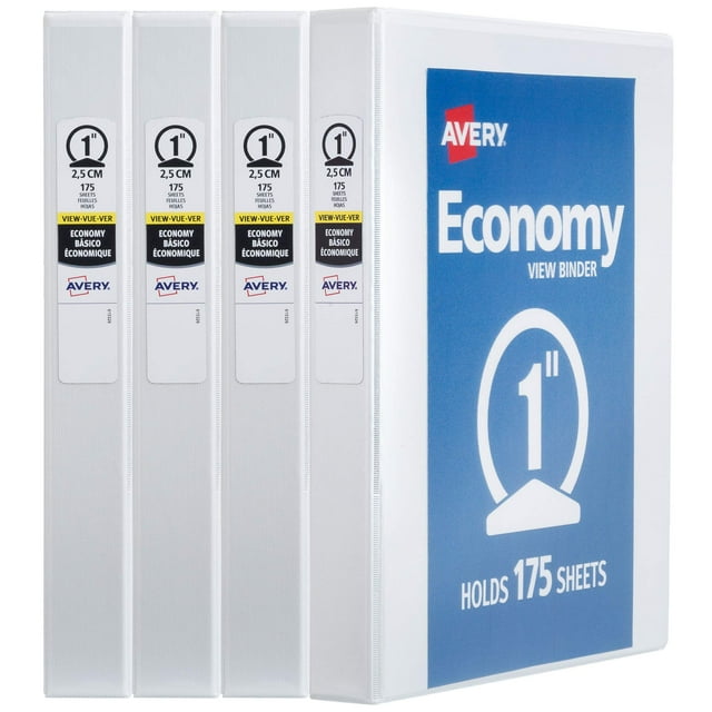 Avery Mini Economy View Carpetas de 3 anillas, anillas redondas de 1", capacidad para papel de 5,5" x 8,5", color blanco, paquete de 4 (17702)