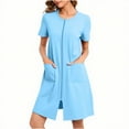 thumbnail image 3 of Nightdress for Women Cotton New Nightgowns for Women Short Sleeve Full Zip up Pajama Dress Crew Neck Short Sleepwear with Pockets Sky Blue L, 3 of 6