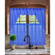 K66 NAVY BLUE 3-PC Luxurious Sheer Organza Kitchen Rod Pocket Window Curtain Treatment Set, Beautiful Solid Tier Panels with Matching Swag Valance