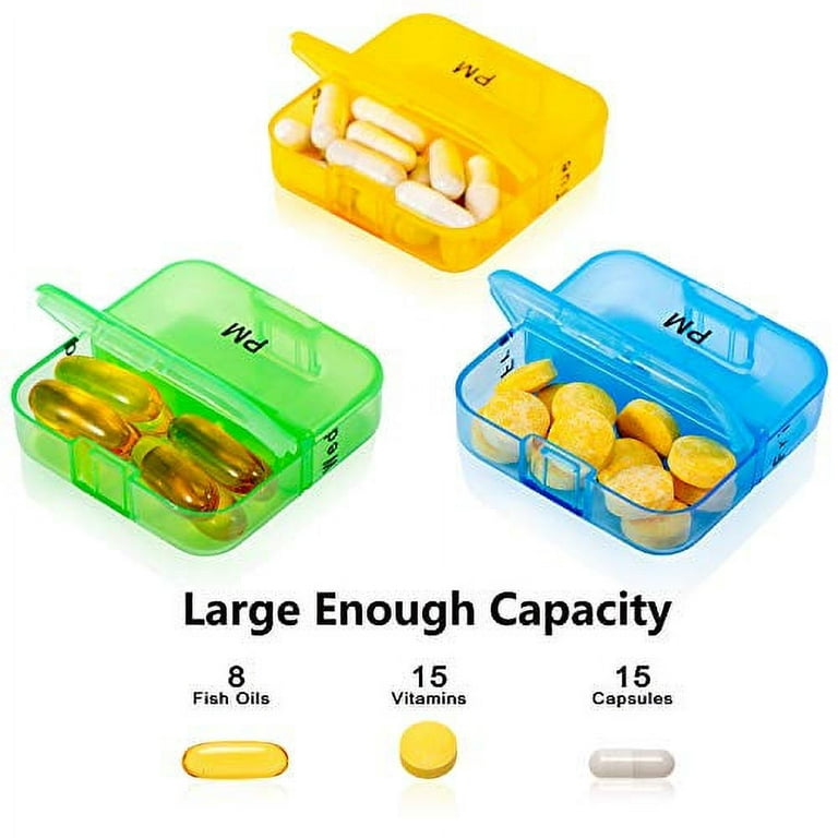 Pill Bottle Organizer, Daviky Supplement Organizer with 7 Large  Compartments, Travel Pill Dispenser Round Pill Box with Two Lids（Blue）
