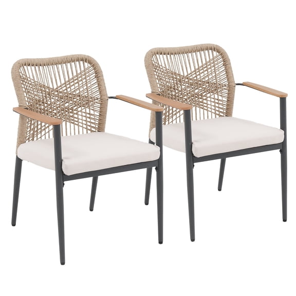 JOIVI Outdoor Chairs Set of 2, Woven Wicker Outdoor Dining Chairs with Cushions and Armrest, Stackable Patio Dining Chairs for Deck, Porch