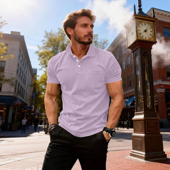 Mens Polo shirt with Pocket Short Sleeve Collared Golf Shirt Quick Dry Performance Athletic Polos Light Purple L