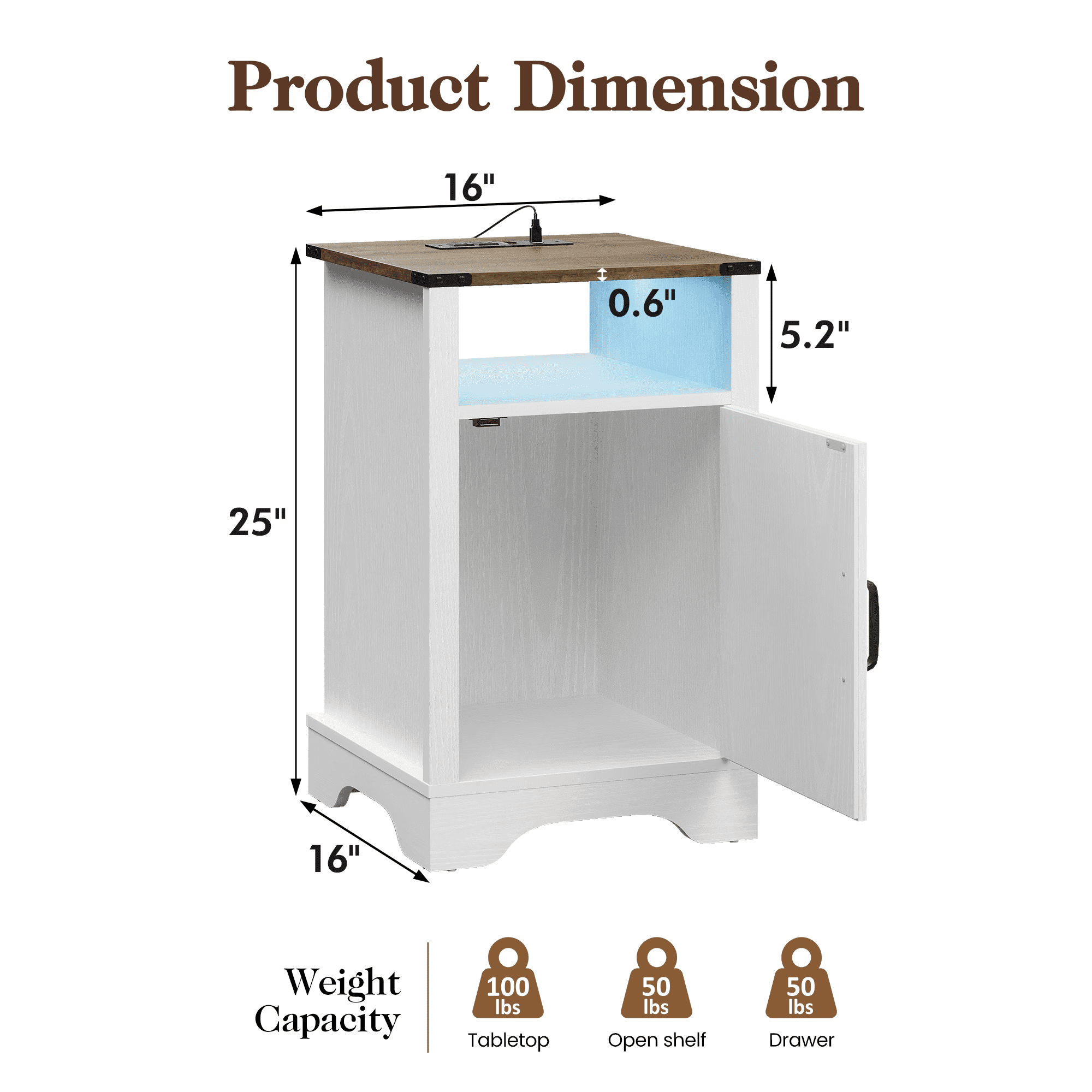 Mintazer 25"H Farmhouse Nightstand Set of 2, End Table with Charging Station & Storage, Bedside Cabinet with LED Lights for Bedroom Hallway Closet Living Room, White