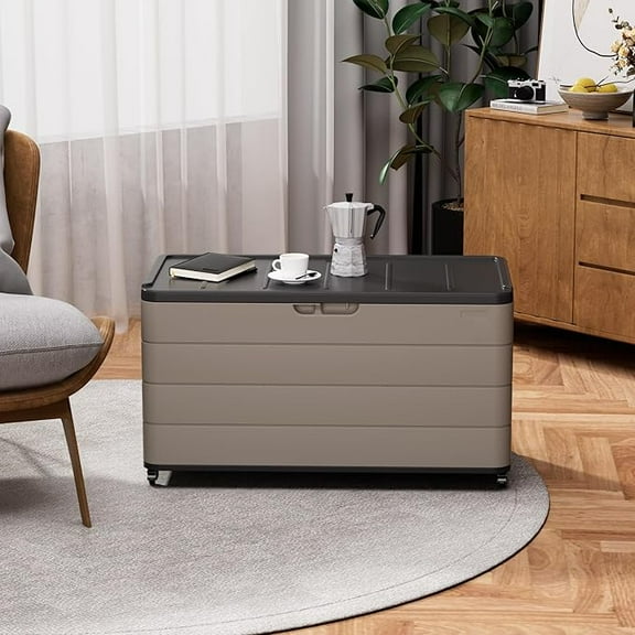 Decksplore 110 Gal Large Resin Deck Box Lockable, Outdoor Garden Storage Box Waterproof, Elegant Storage Bench for Cushions, Garden Tools(Brown), with Wheels